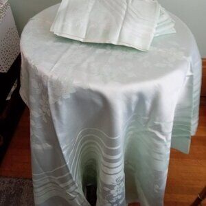 Mint Green Damask Floral Table Cloth And 12 Napkins - REALLY BIG!